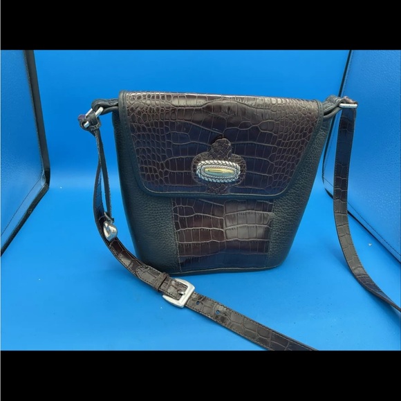 Brighton Handbags - Vintage Brighton Croc-Embossed Black Leather & Brown Croc-Print Crossbody Bag